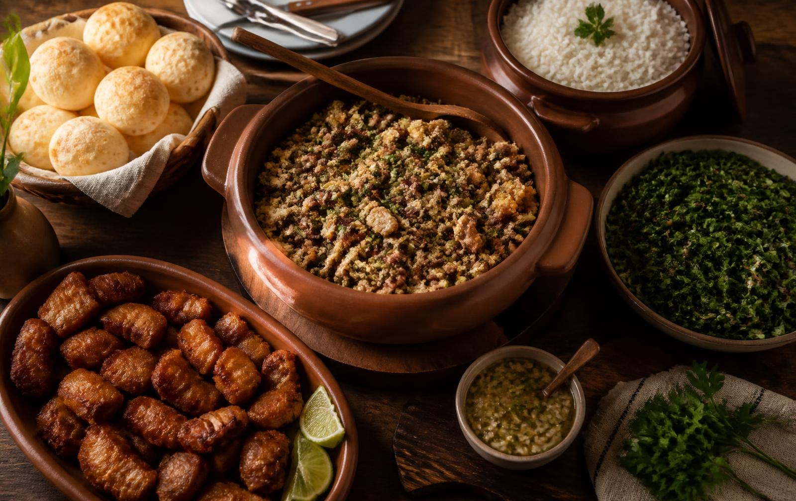Mesa mineira com feijão tropeiro, arroz, couve e pão de queijo